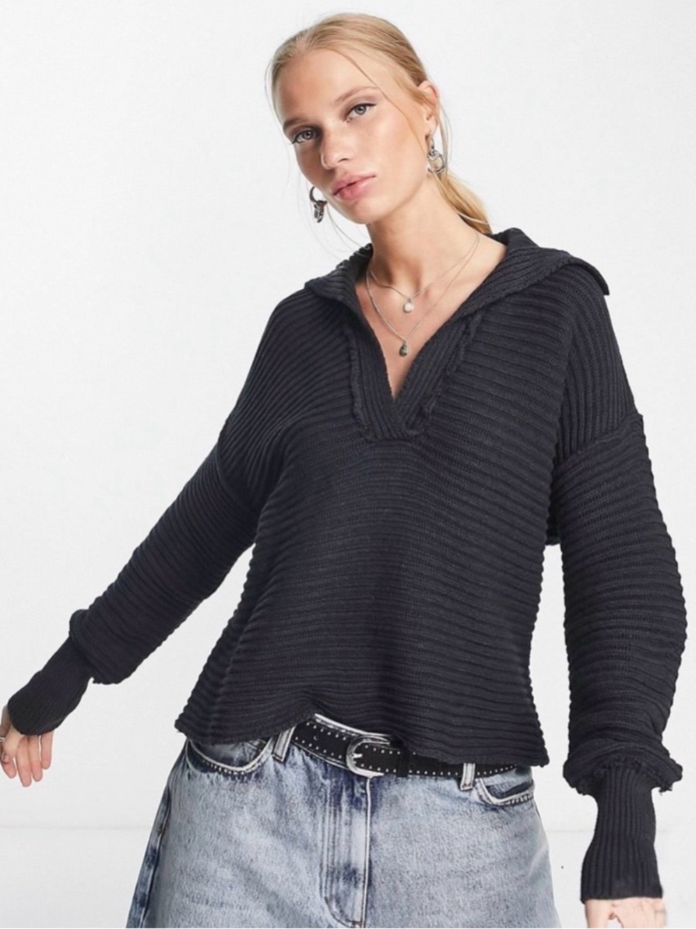 Free People Marlie Deep V Ribbed Sweater Black Size Small